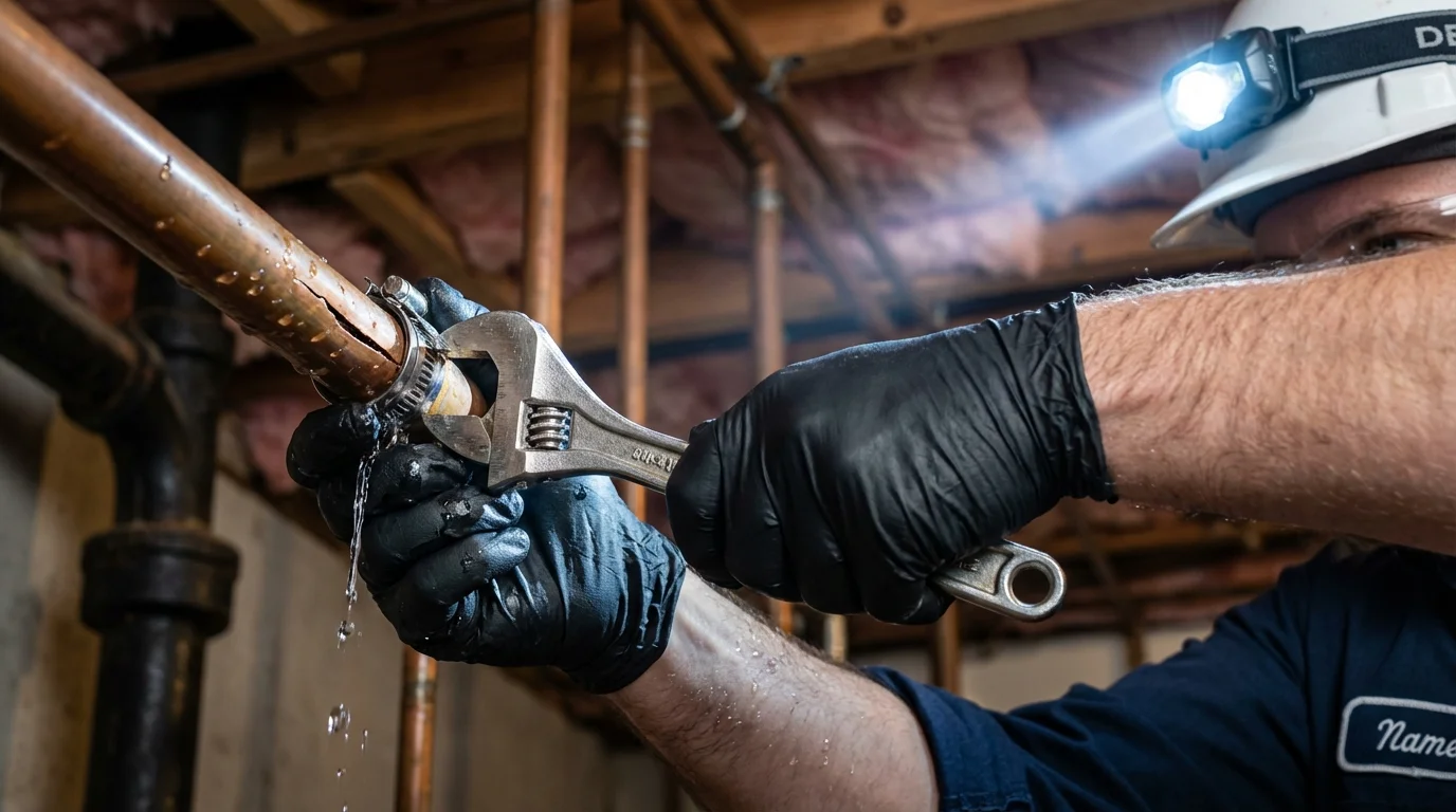 Emergency pipe clamp repair being performed by a Johns Plumbing LLC plumber in Ellendale
