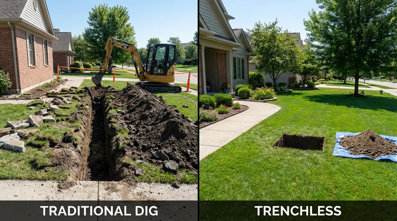 Trenchless sewer repair with minimal yard damage versus traditional excavation in Ellendale, ND